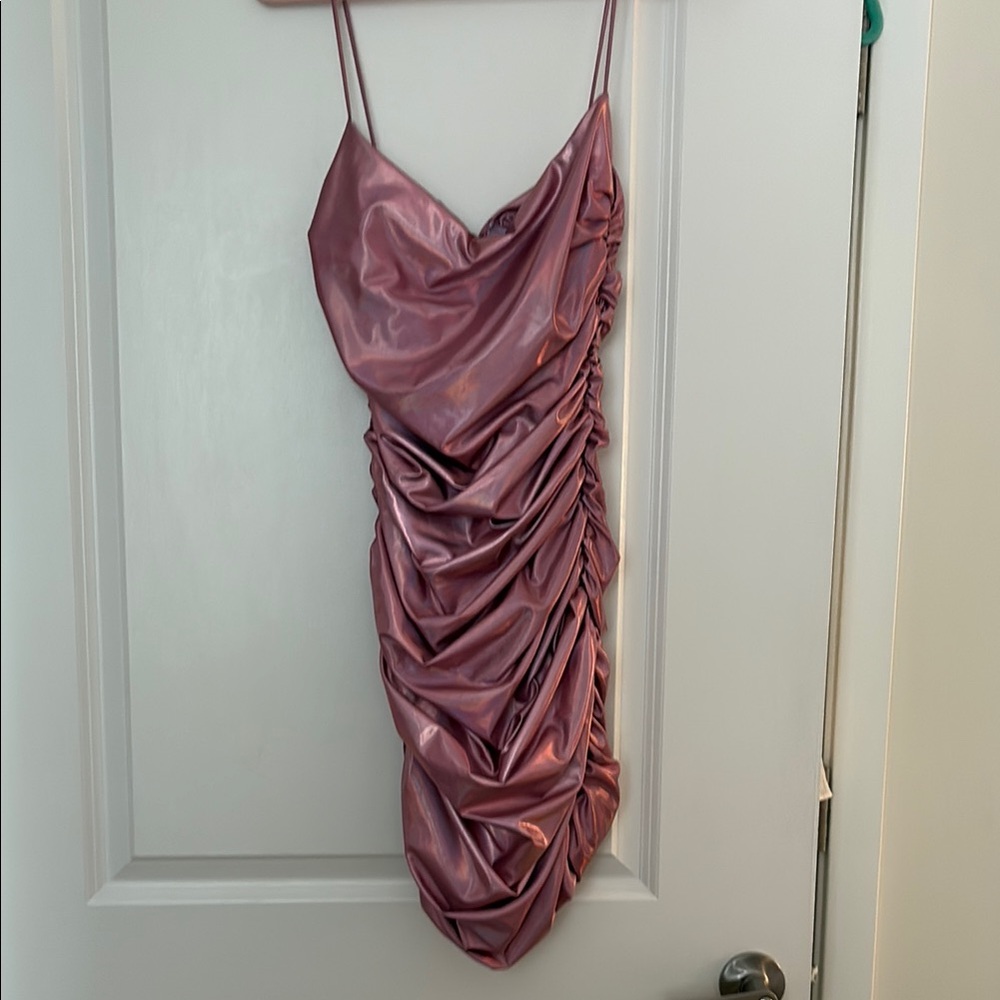 Oh Polly US Elegant Pink Satin Ruched Dress